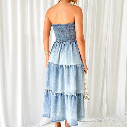 Elegant Hem Stitching Side Slit Denim Maxi Dress