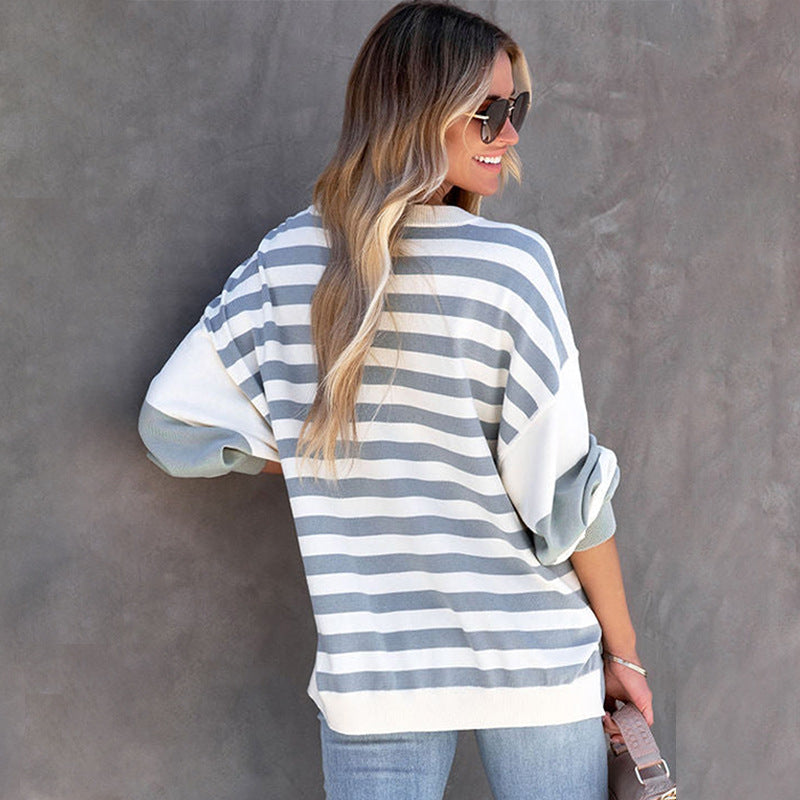 Striped Puff Long Sleeve Pulllover Sweater