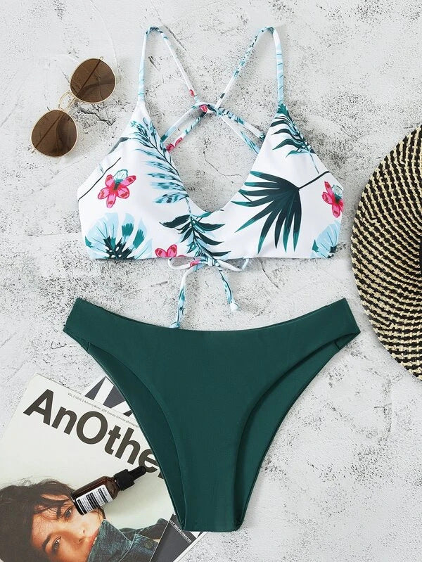 Floral Swimsuit Criss Cross Split Bikini