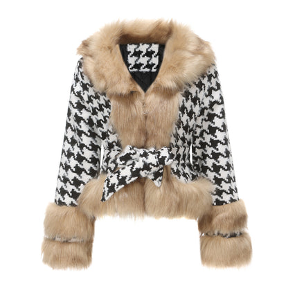 Plaid Detachable Short Fur Collar Houndstooth Coat