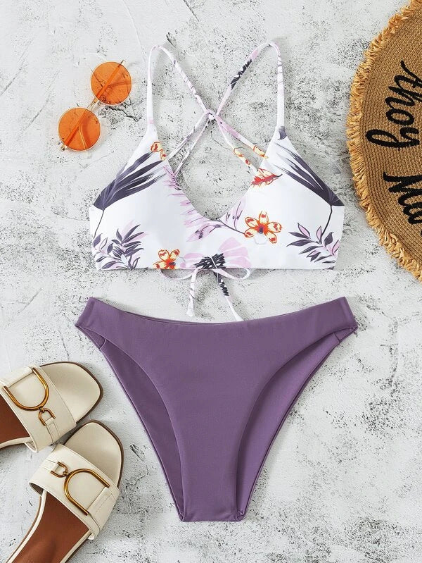 Floral Swimsuit Criss Cross Split Bikini