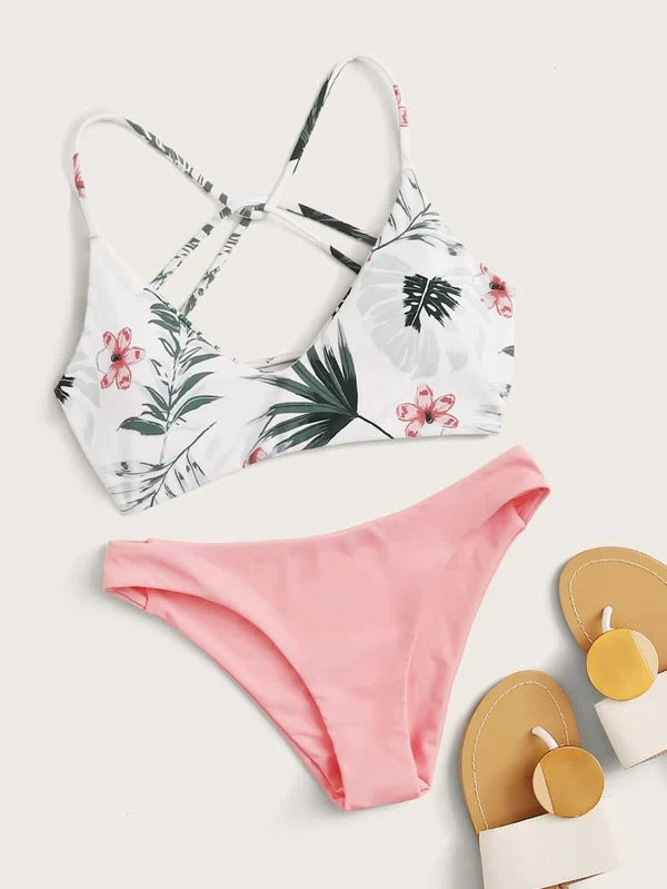 Floral Swimsuit Criss Cross Split Bikini