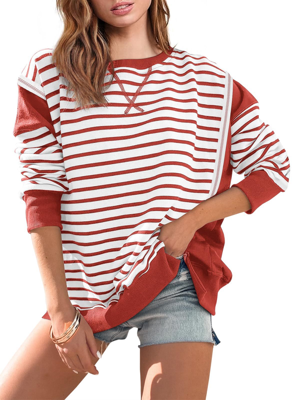 Multicolor Hoodie Striped Color Contrast Long Sleeve Pullover Sweater