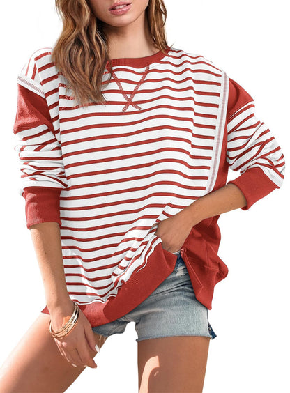 Multicolor Hoodie Striped Color Contrast Long Sleeve Pullover Sweater