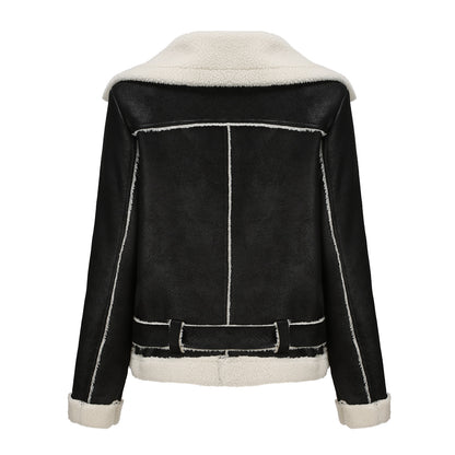 Faux Shearling Suede Leather Belt Turn down Collar Coat