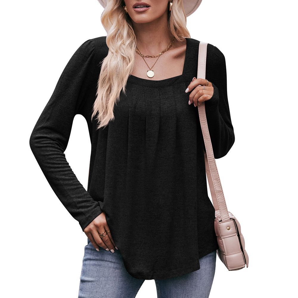 Casual Square Collar Pleated Long Sleeve Top