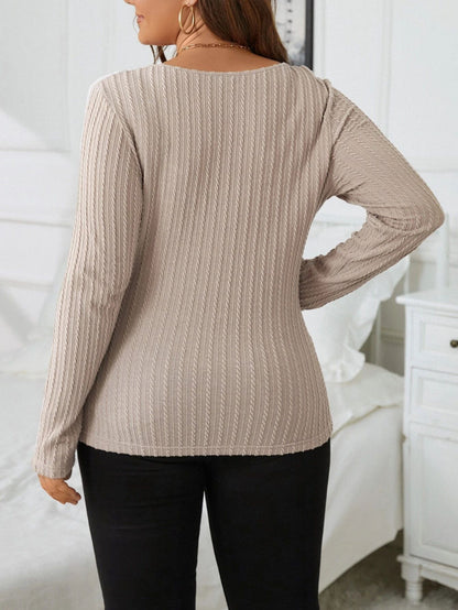 Plus Size Slim Fit Waffle Knitted Long-Sleeved Top