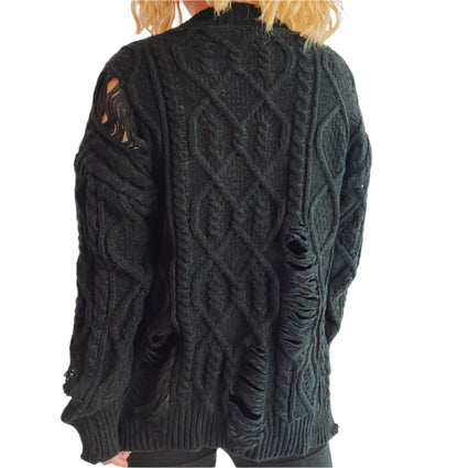 Hollow Cutout Ripped Design Cable Loose Sweater