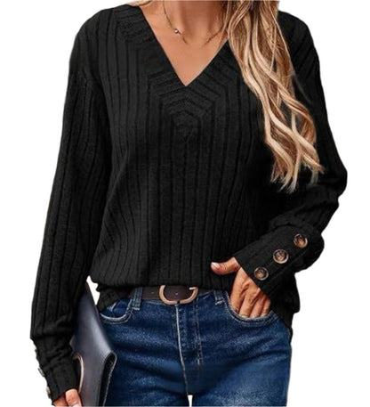 Sunken Stripe V-neck Button Long Sleeved Sweater