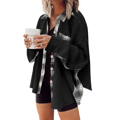 Casual Waffle Plaid Knitted Jacket