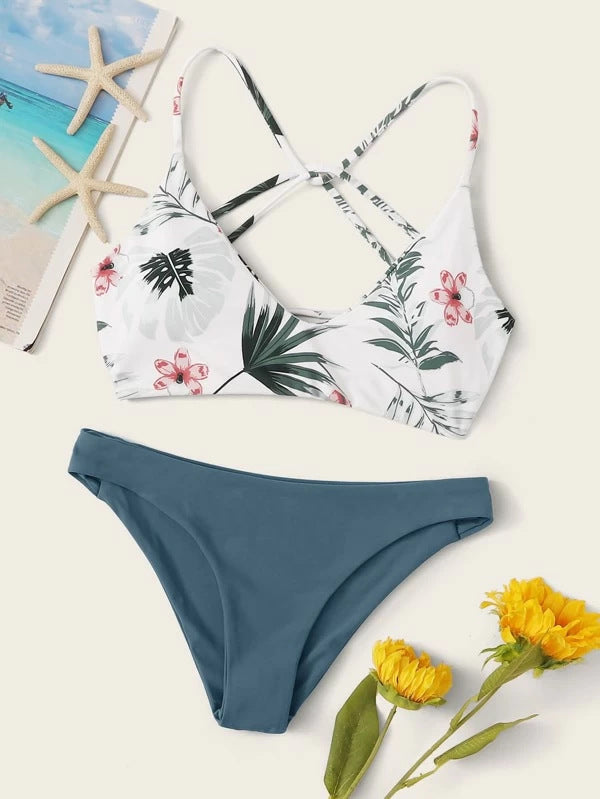 Floral Swimsuit Criss Cross Split Bikini