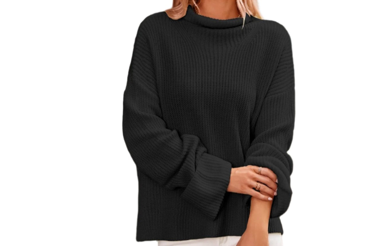 High Collar Slit Hemline Bell Sleeve Sweater