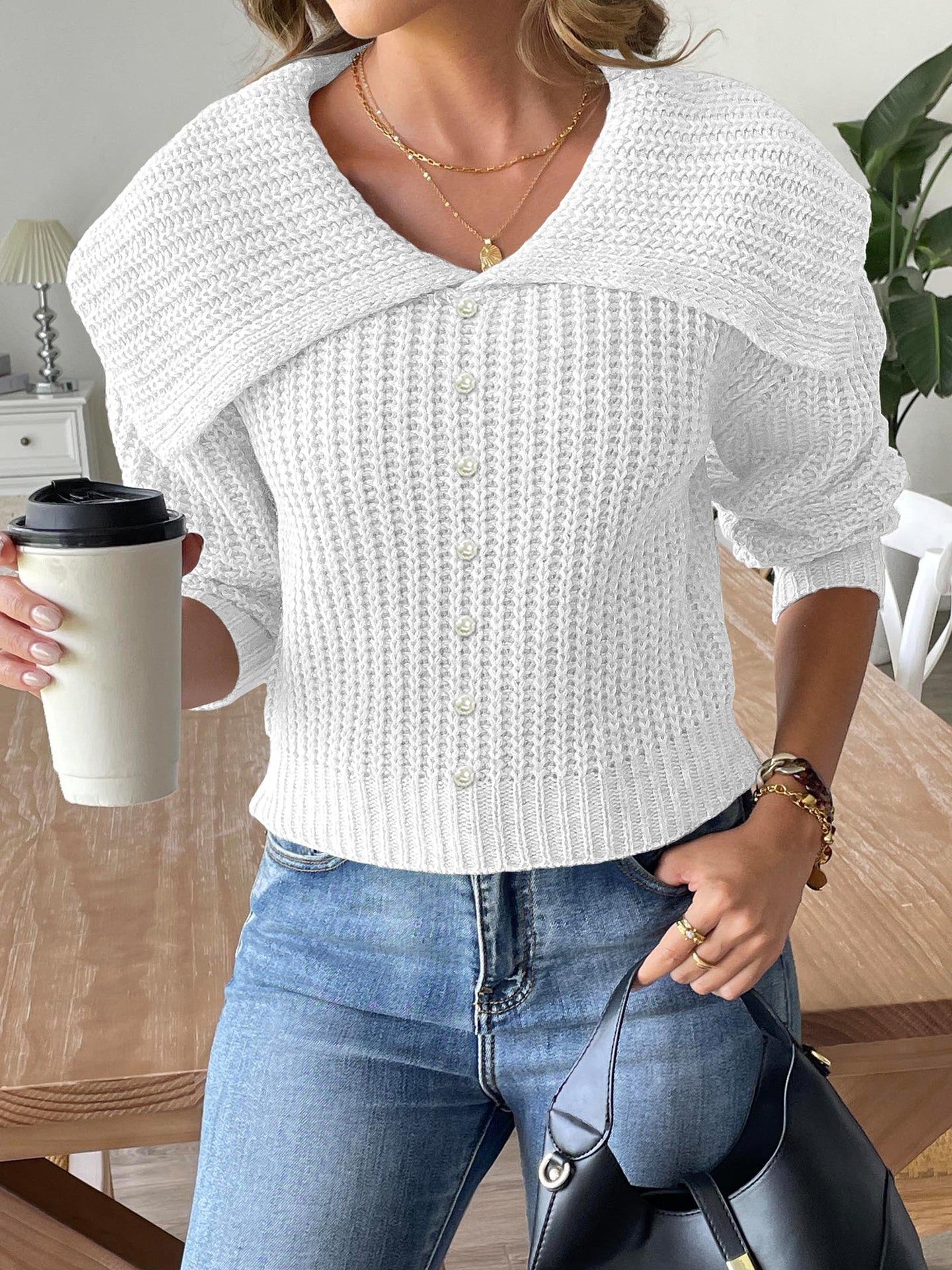 Pearl Beaded Lapel Sweater