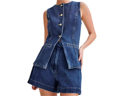 Casual Sleeveless High Waist Denim Shorts Sets