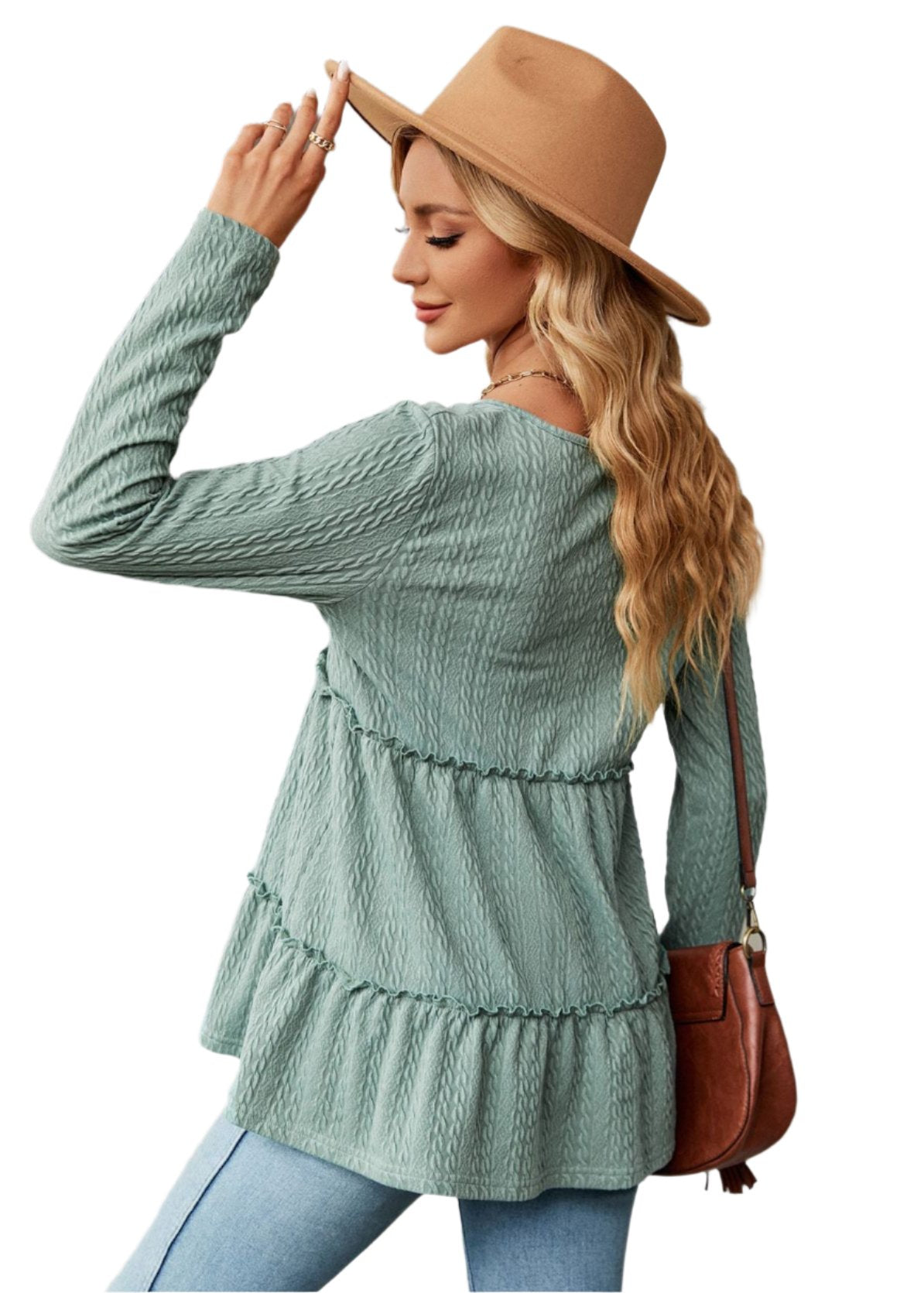 Solid Color V-Neck Button Stitching Loose Long Sleeved Top