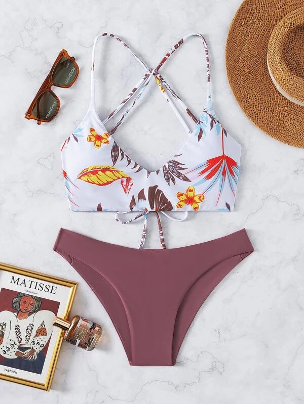 Floral Swimsuit Criss Cross Split Bikini