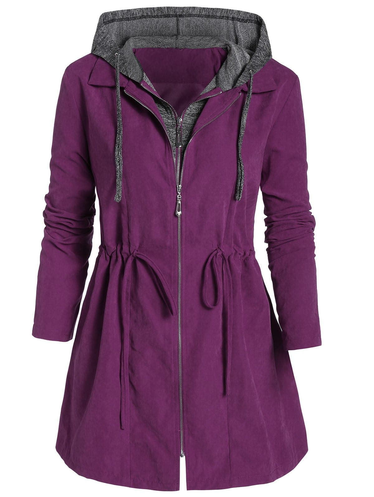 Mid-Length Cotton-Padded Zipper Faux Two-Piece Hooded Plus Size Coat