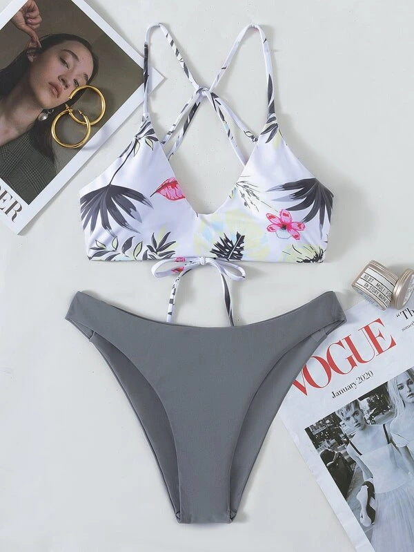 Floral Swimsuit Criss Cross Split Bikini