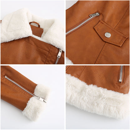 Fleece Leather European Warm Turn down Collar Coat Jacket