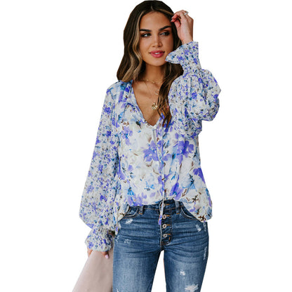 Floral Chiffon Lantern Sleeves Blouse