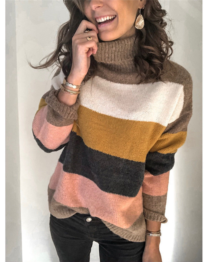 Turtleneck Patchwork Knitwear Striped Sweater