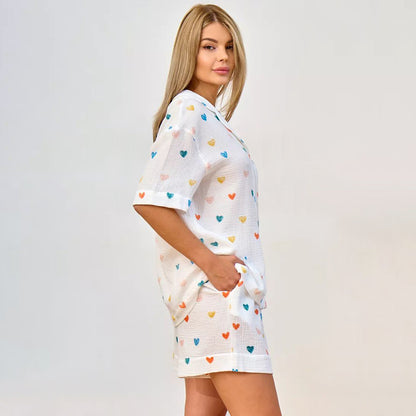 Short Sleeved Colored Loving Heart Cotton Pajamas