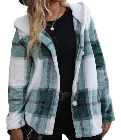 Hooded Long Sleeve Plaid Mid-Length Coat