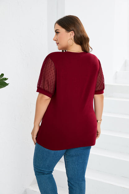 Mesh Fluffy Short Sleeve Puff Sleeve V-neck Blouse