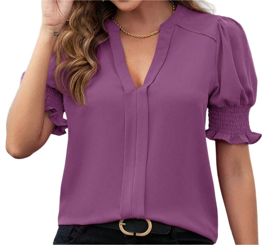 V-neck Elegant Puff Sleeve Solid Color Shirt Top