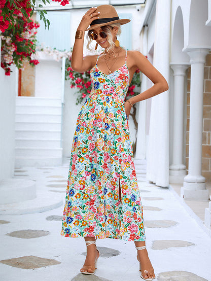 Floral Backless Slit Strap Dress