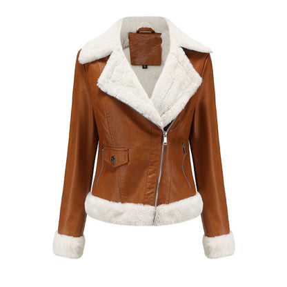 Fleece Leather European Warm Turn down Collar Coat Jacket