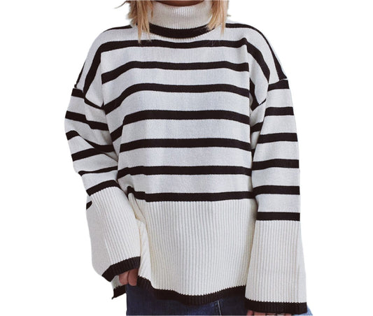 Casual Loose High Collar Bell Sleeve Striped Side Slit Knitted Pullover Sweater