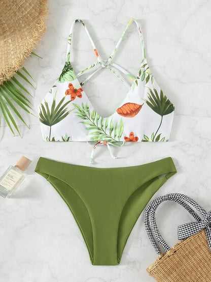 Floral Swimsuit Criss Cross Split Bikini