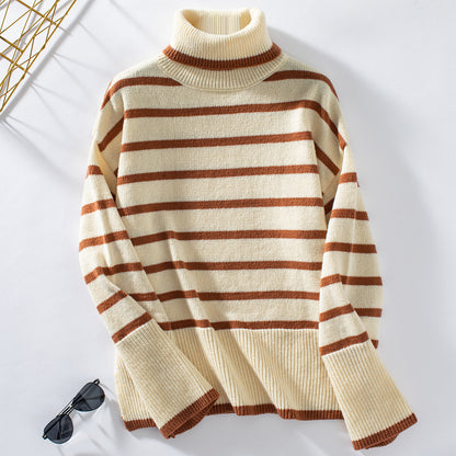 Knitting Pullover Collared Striped Turtleneck Sweater