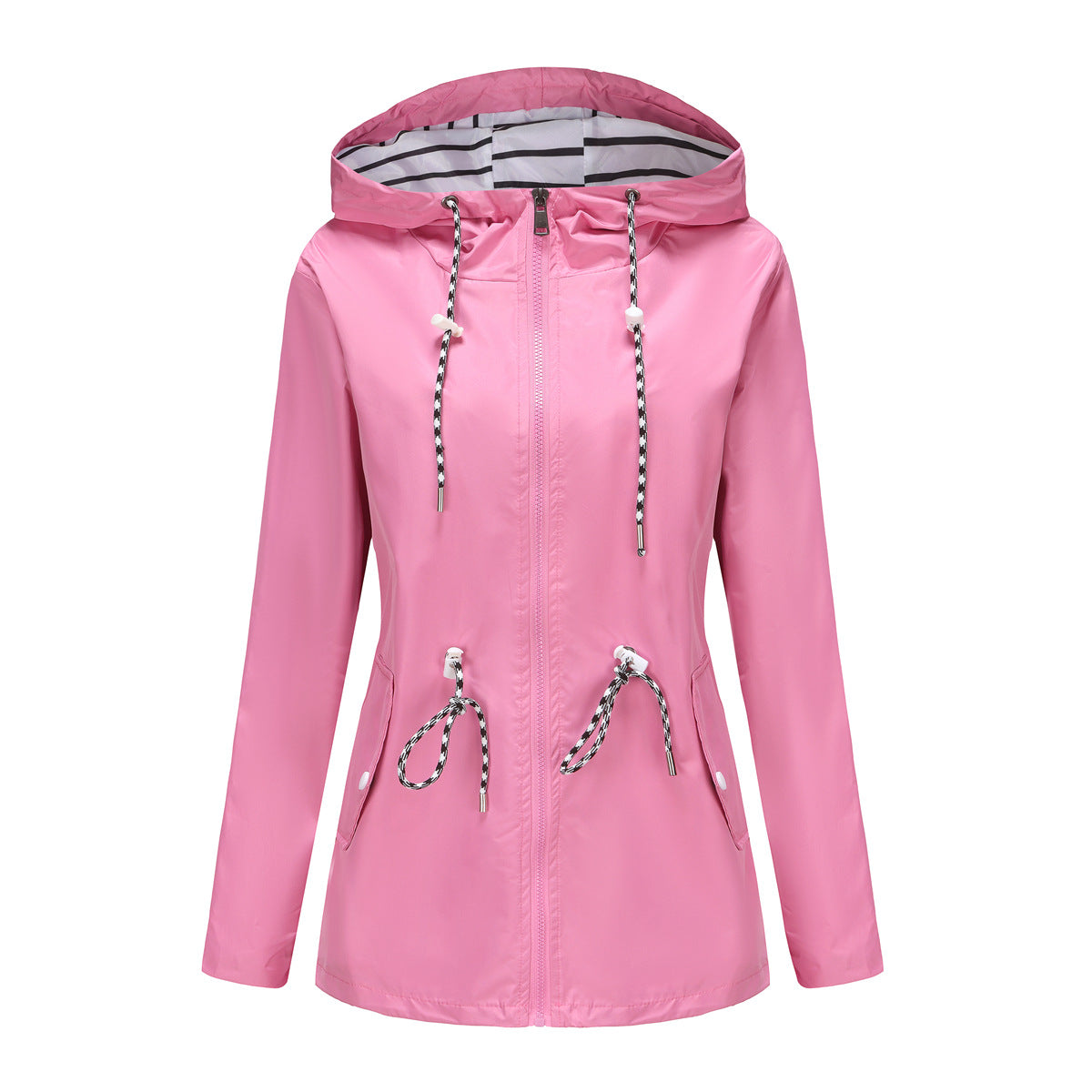 Long Sleeved Waterproof Hooded Mid Length Trench Raincoat