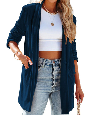 Velvet Stretch Pocket Long Sleeve Cardigan