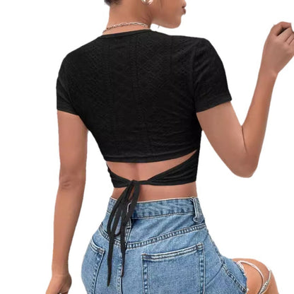 Sexy Back Knotted Short Bare Cropped Slim Fit Short Sleeve Top