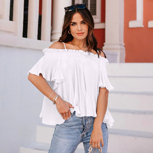 Pleated Off Shoulder Wrapped Chest Strap Top