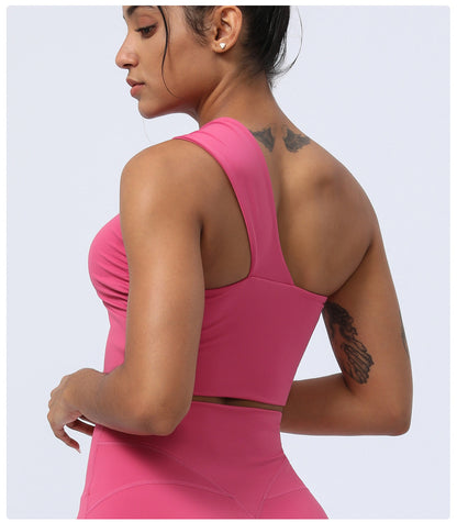 Pleated Hollow Cutout Yoga One Shoulder Asymmetric Sports Bra