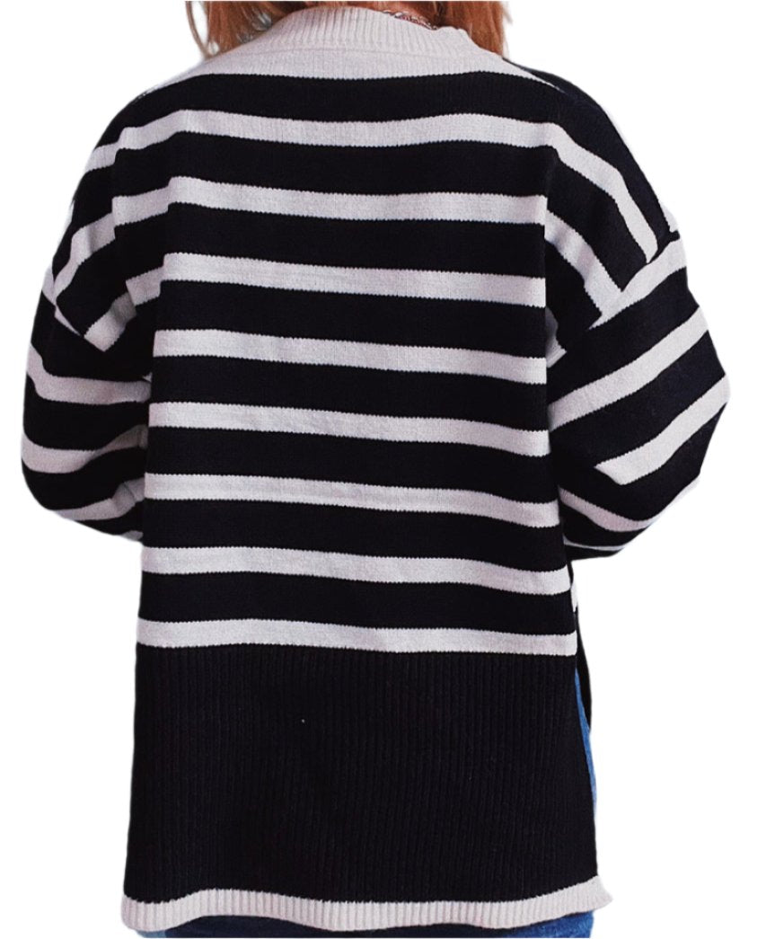 Loose Knitted Striped Side Slits Sweater