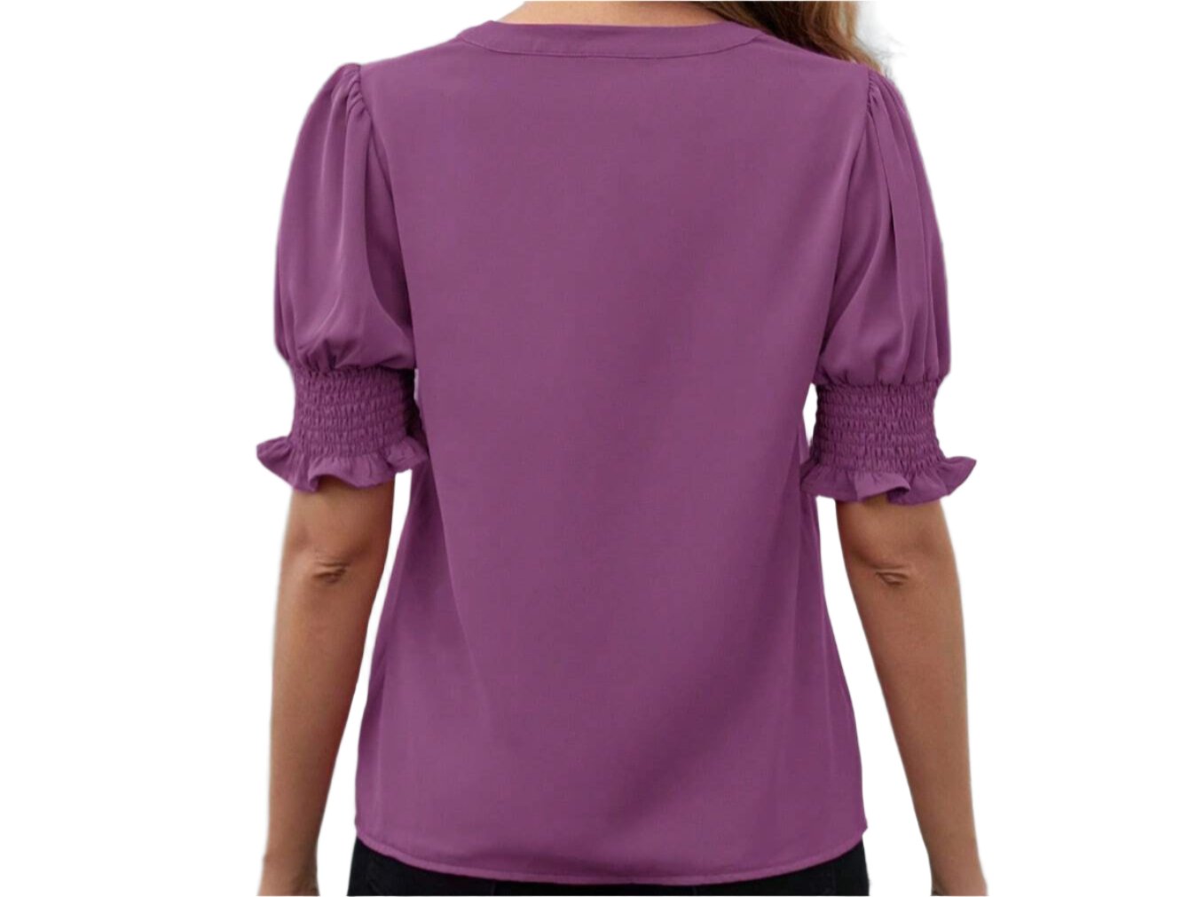 V-neck Elegant Puff Sleeve Solid Color Shirt Top