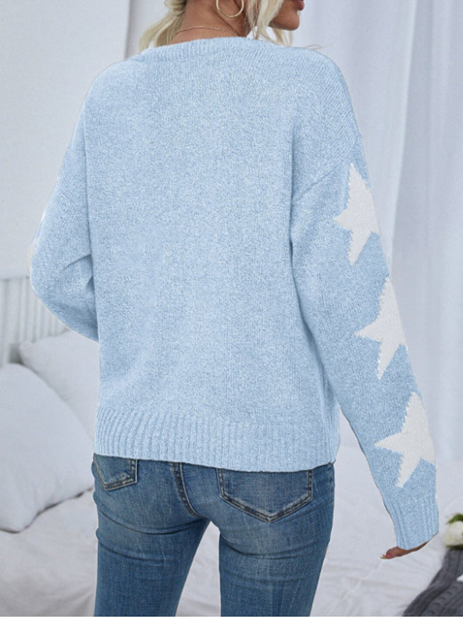 Long Sleeved Knitted Jacquard Round Neck Pullover Sweater