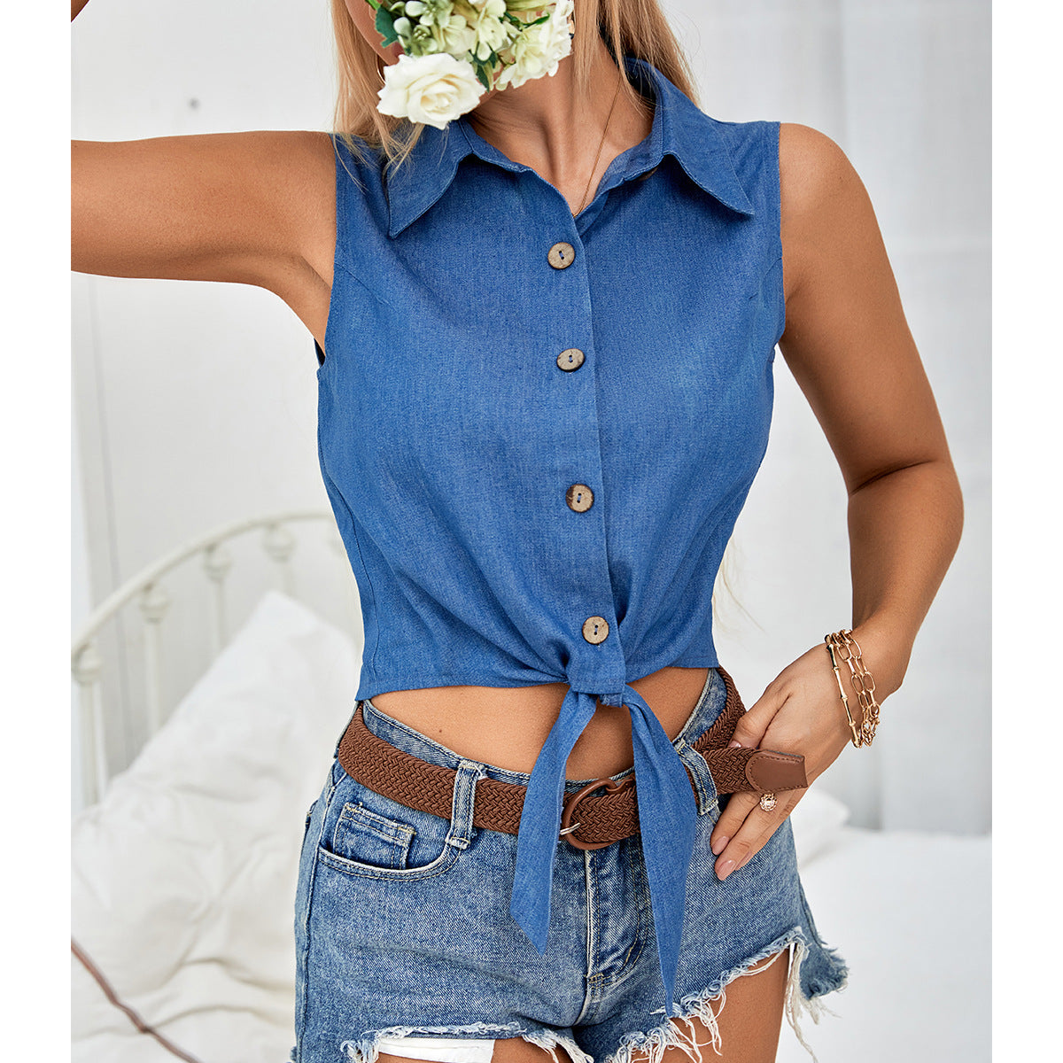 Slim Fit Crop Button Down Tie Waist Shirt