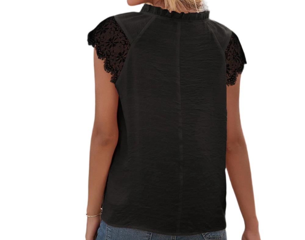 Hollow Cutout Lace Stitching Tied V-neck Top