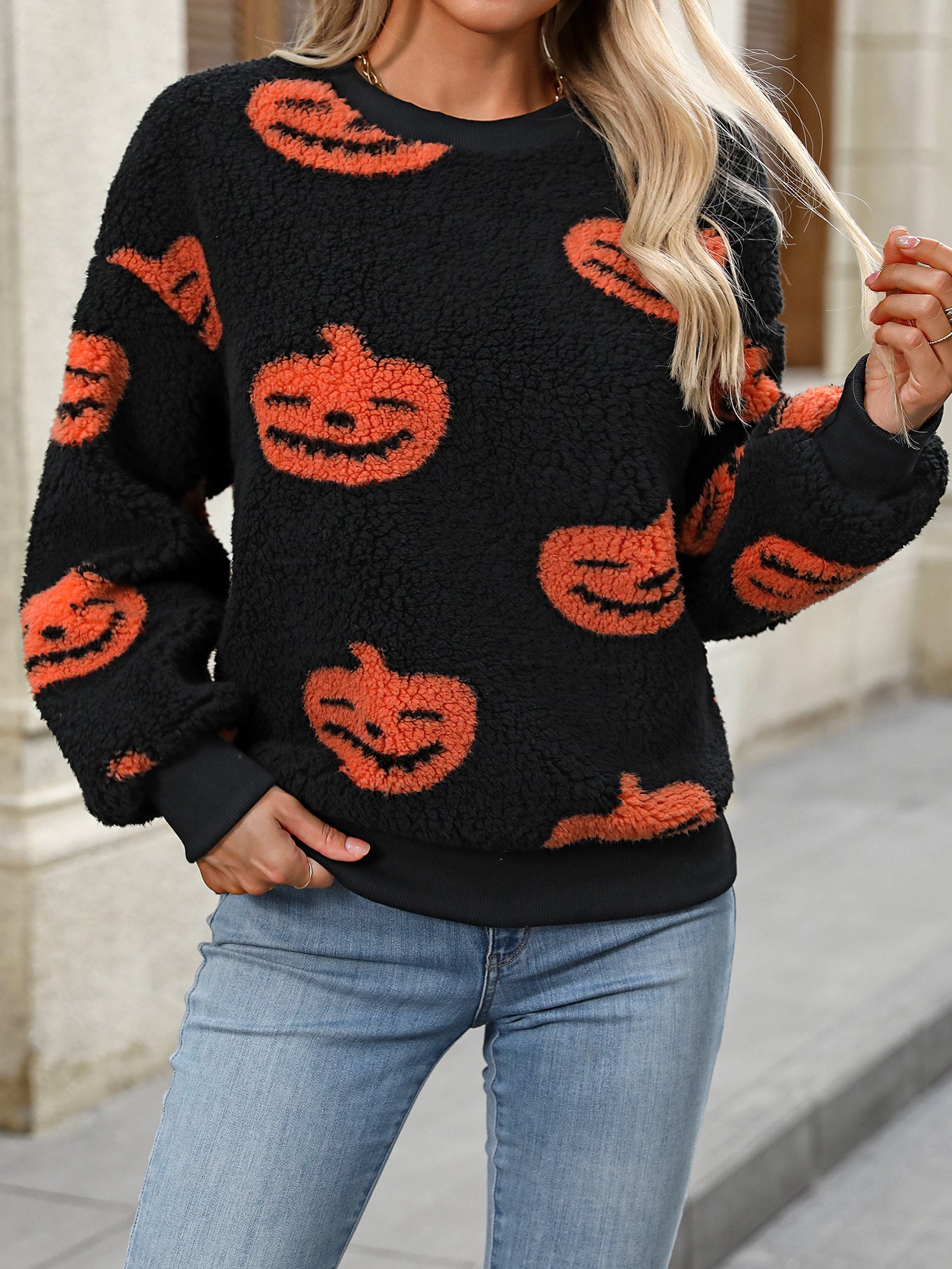 Halloween Printed Plush Loose Pullover Sweater