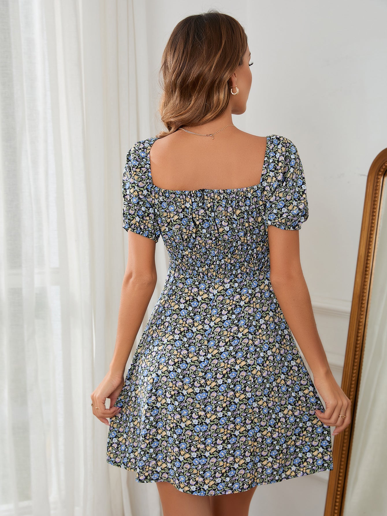 Elegant Printed Square Collar Single-Breasted Dress