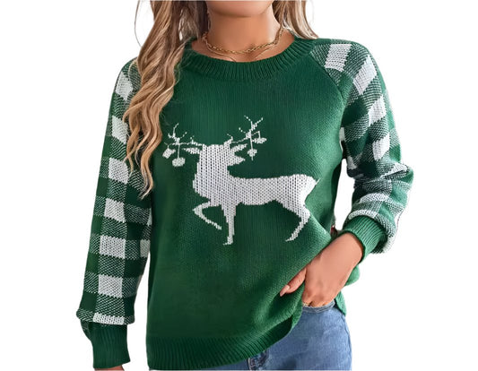 Casual Plaid Deer Long Sleeve Pullover Sweater