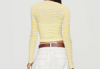 Cropped Slim Fit Striped Long Sleeve Knitted Top