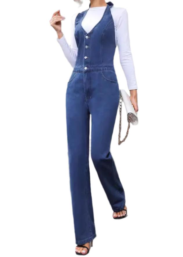 Casual Slim High Waist Straight Leg Denim Jumpsuit