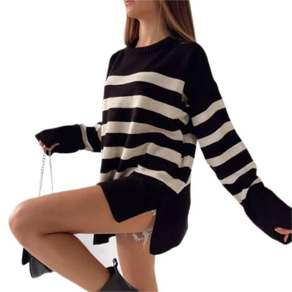 Pullover Crew Neck Contrast Color Striped Slit Sweater